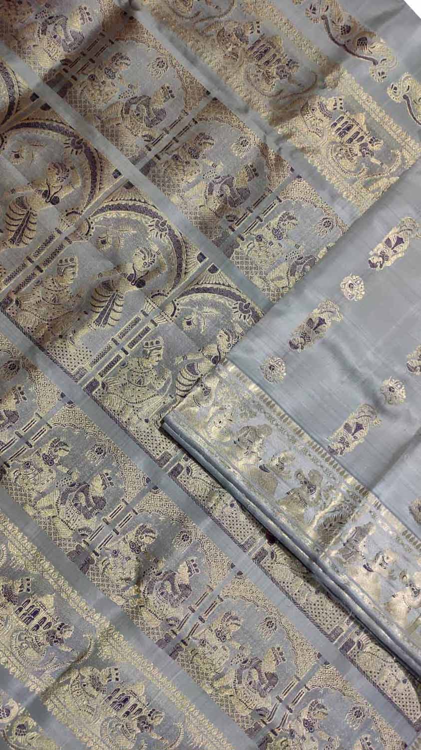 Exquisite Grey Baluchari Pure Silk Saree - Handloom Woven - Luxurion World