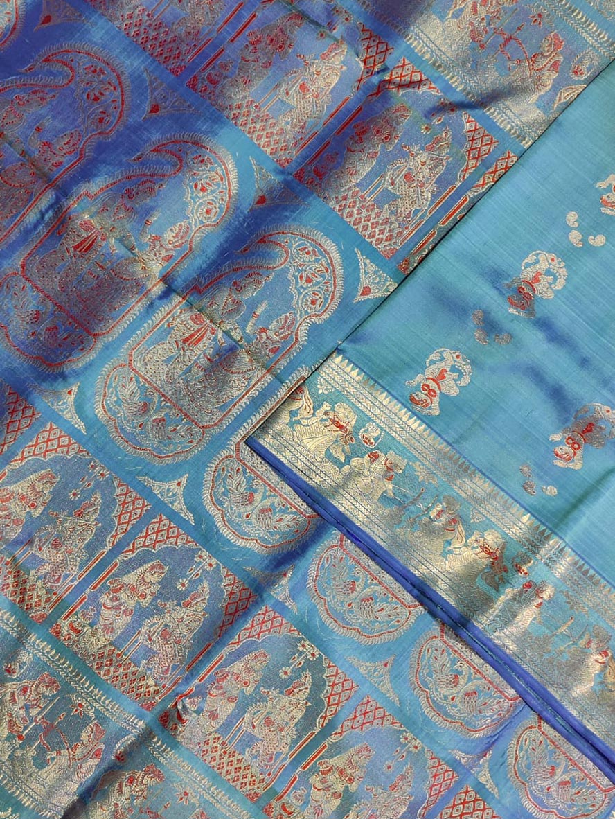 Blue Baluchari Handloom Pure Silk Saree - Luxurion World