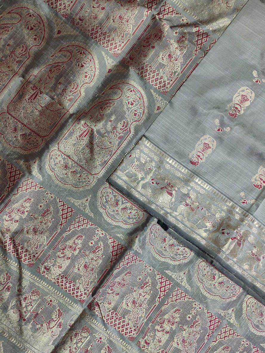 Grey Baluchari Handloom Pure Silk Saree - Luxurion World