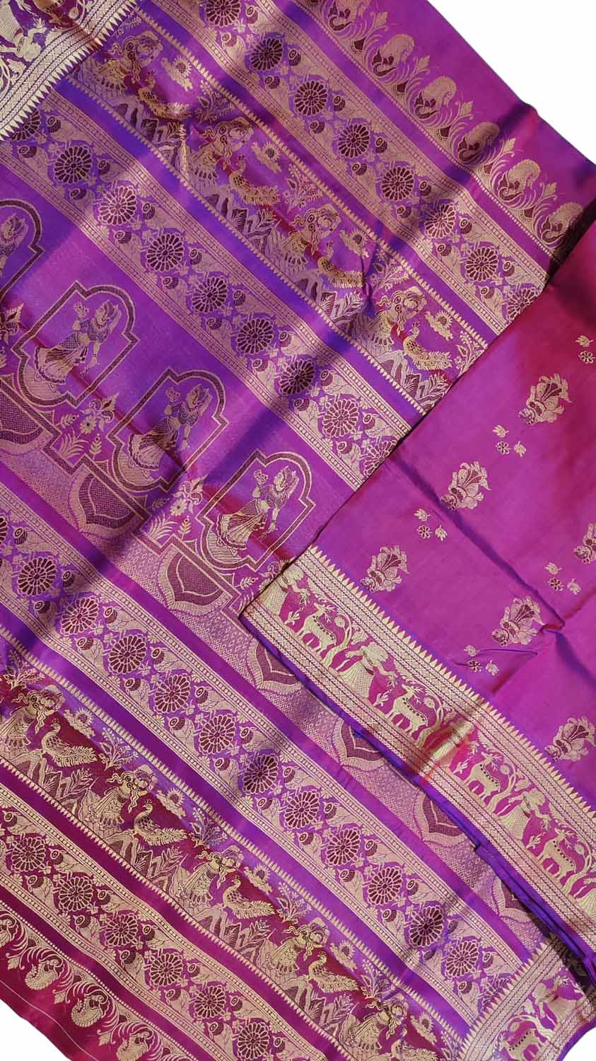 Pink And Purple Baluchari Handloom Pure Silk Saree - Luxurion World