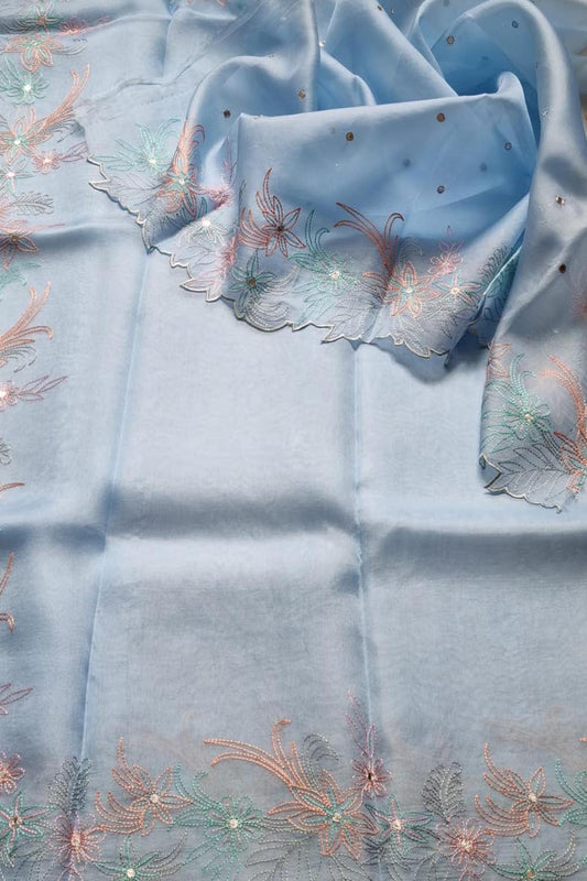 Blue Organza Silk Saree: Trendy Embroidery & Mirror Work - Luxurion World