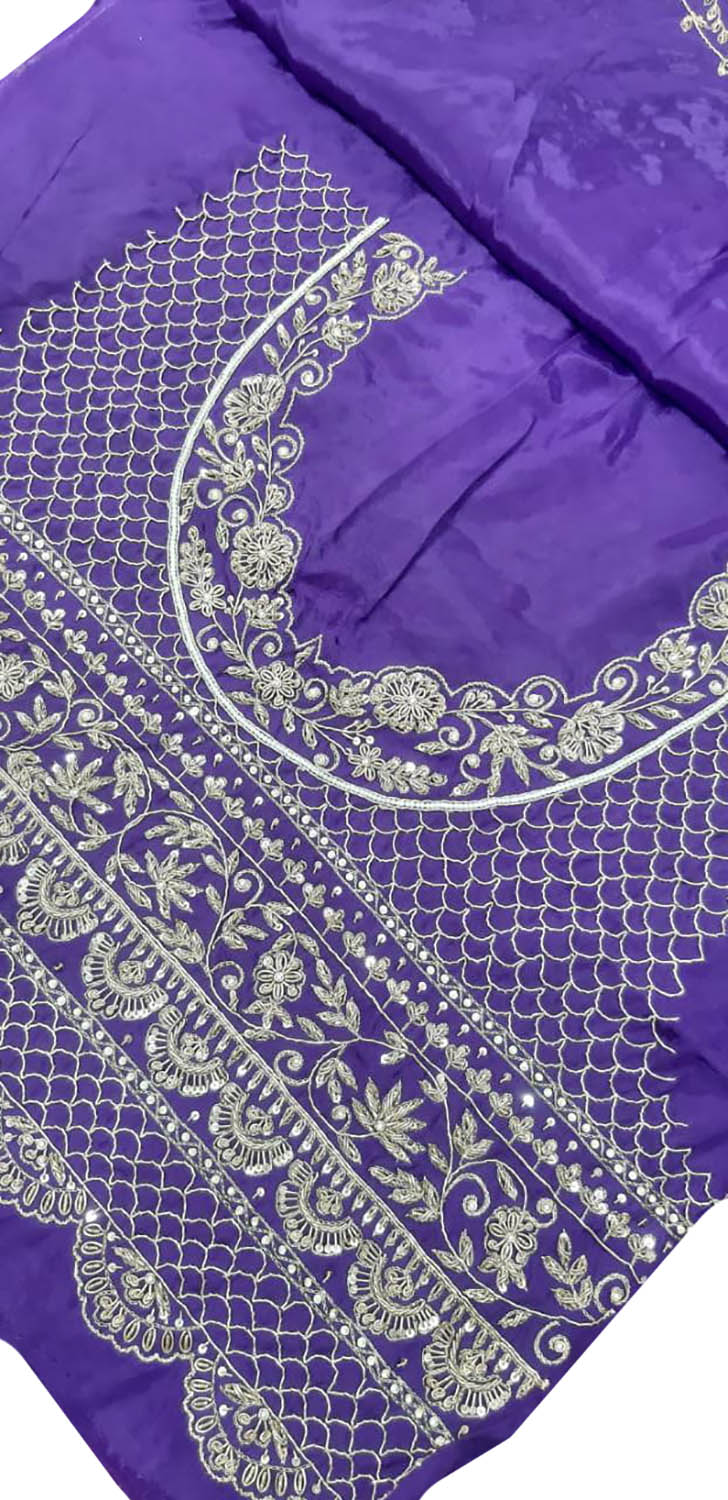 Purple Zardozi Hand Embroidered Pure Organza Silk Saree - Luxurion World
