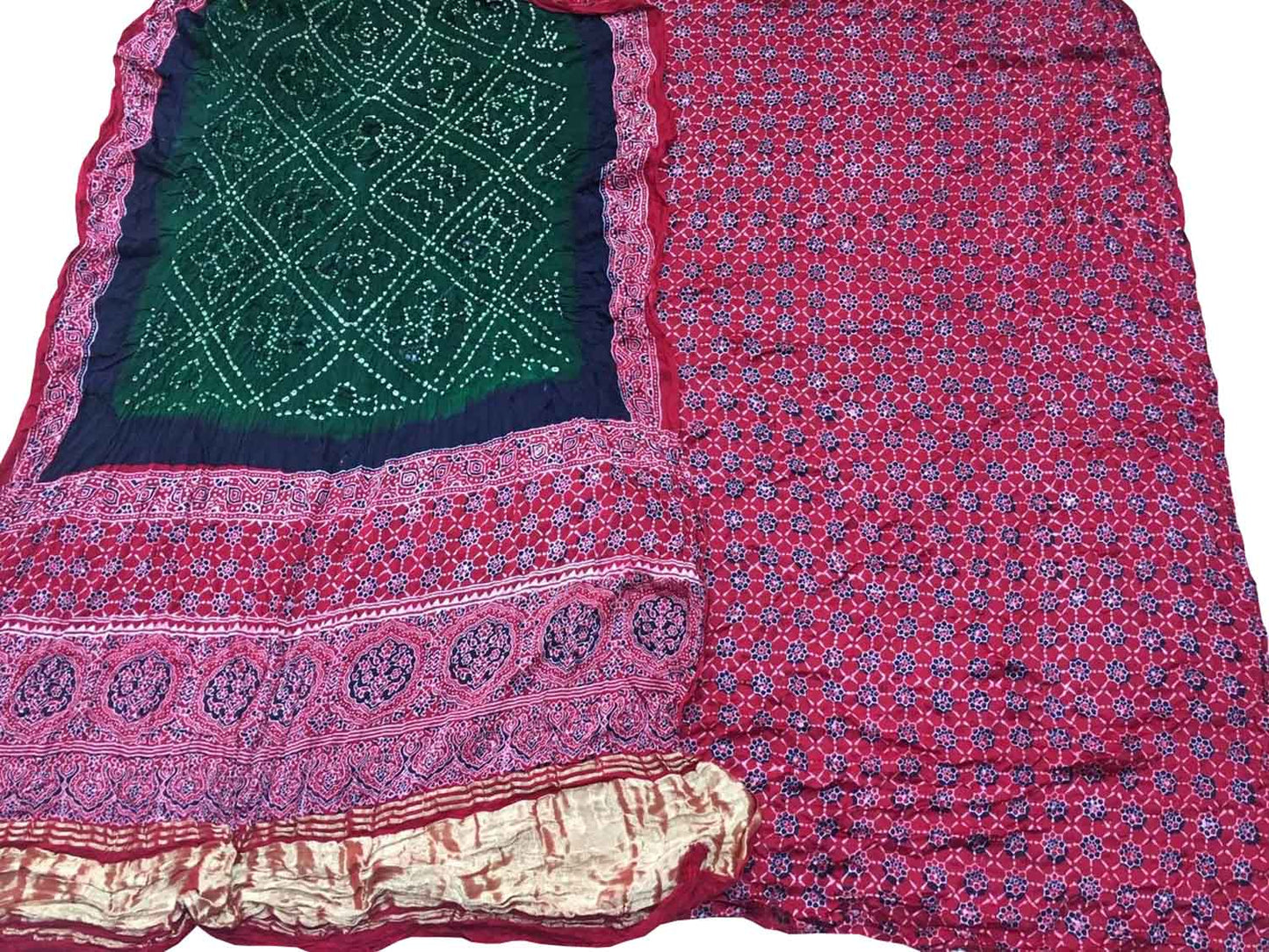 Green Ajrakh Bandhani Modal Gajji Silk Two Piece Unstitched Suit Set - Luxurion World