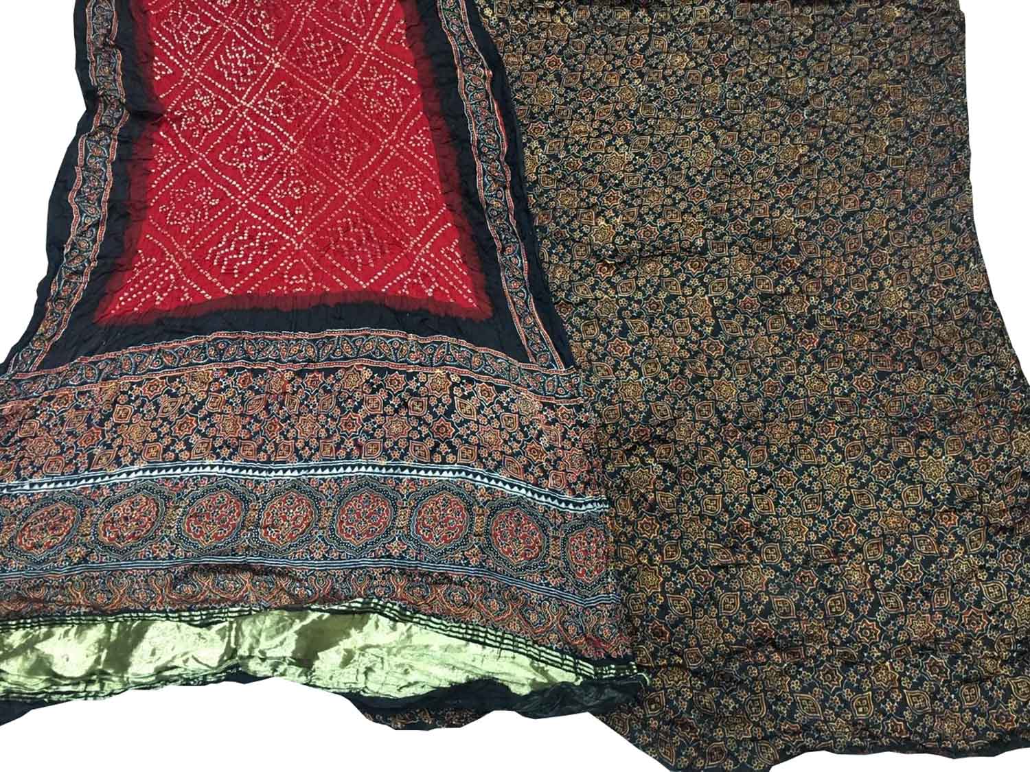 Red Ajrakh Bandhani Modal Gajji Silk Two Piece Unstitched Suit Set - Luxurion World