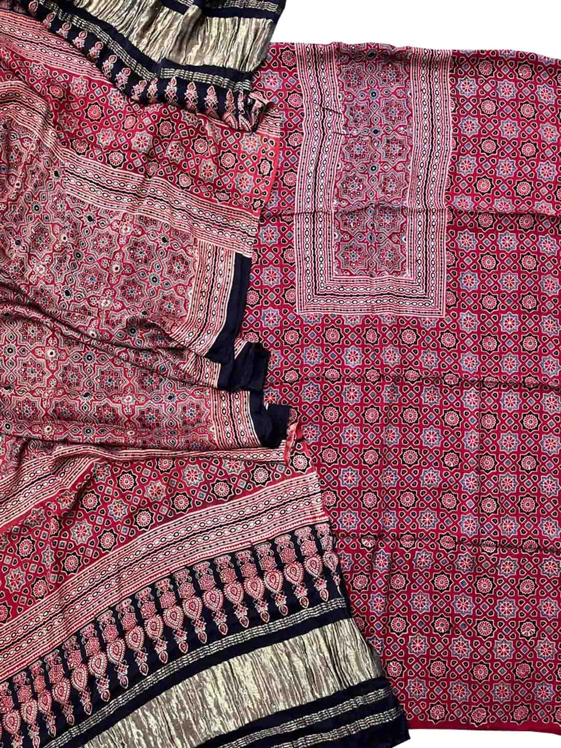 Stunning Red Ajarakh Hand Block Print Gajji Silk Suit Set - Perfect for Any Occasion! - Luxurion World