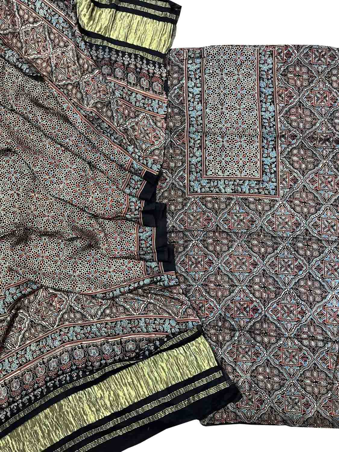 Stylish Black Ajarakh Hand Block Print Gajji Silk Suit Set for Women - Luxurion World