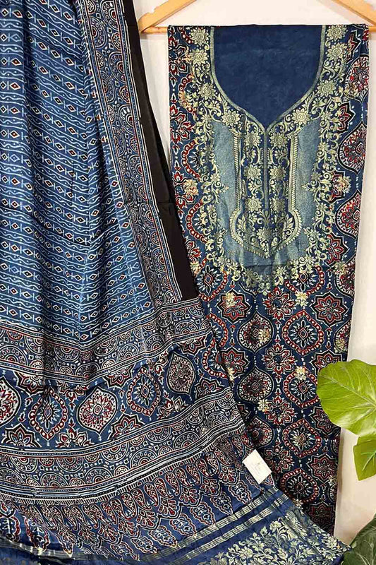 Blue Ajrakh Block Printed Pure Modal Silk Unstitched Two Piece Suit Set - Luxurion World