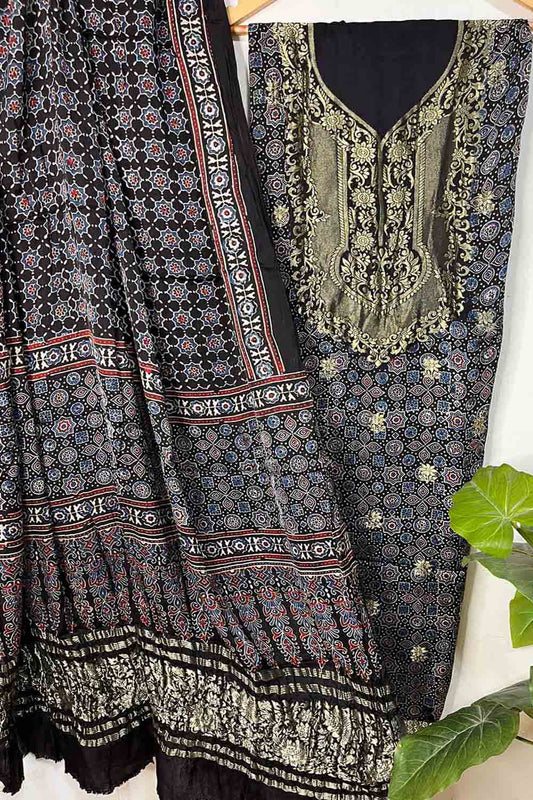 Black Ajrakh Block Printed Pure Modal Silk Unstitched Two Piece Suit Set - Luxurion World