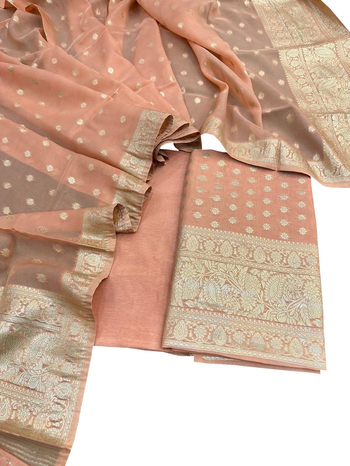 Peach Banarasi Georgette Three Piece Unstitched Suit Set - Luxurion World