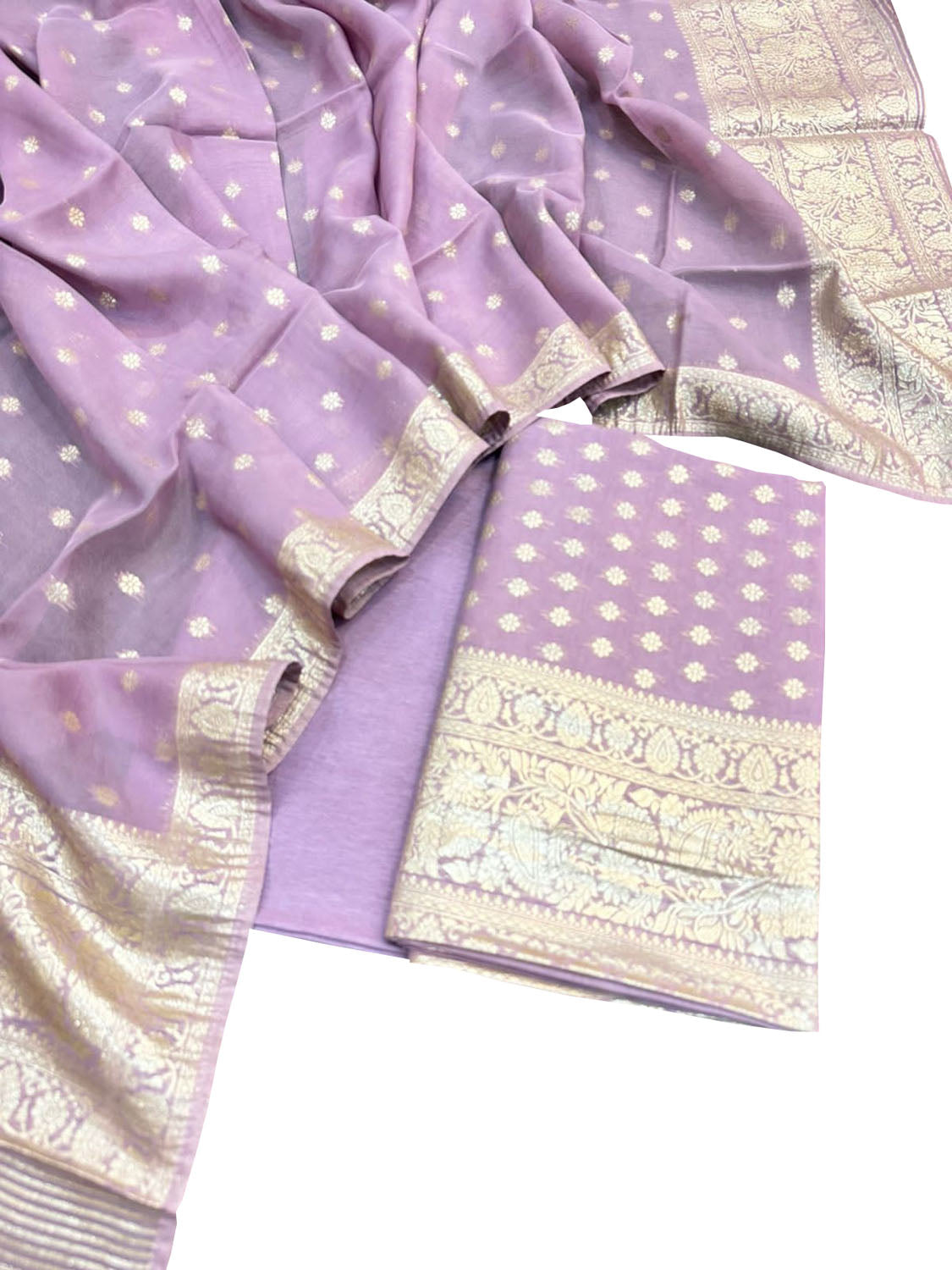 Purple Banarasi Georgette Three Piece Unstitched Suit Set - Luxurion World