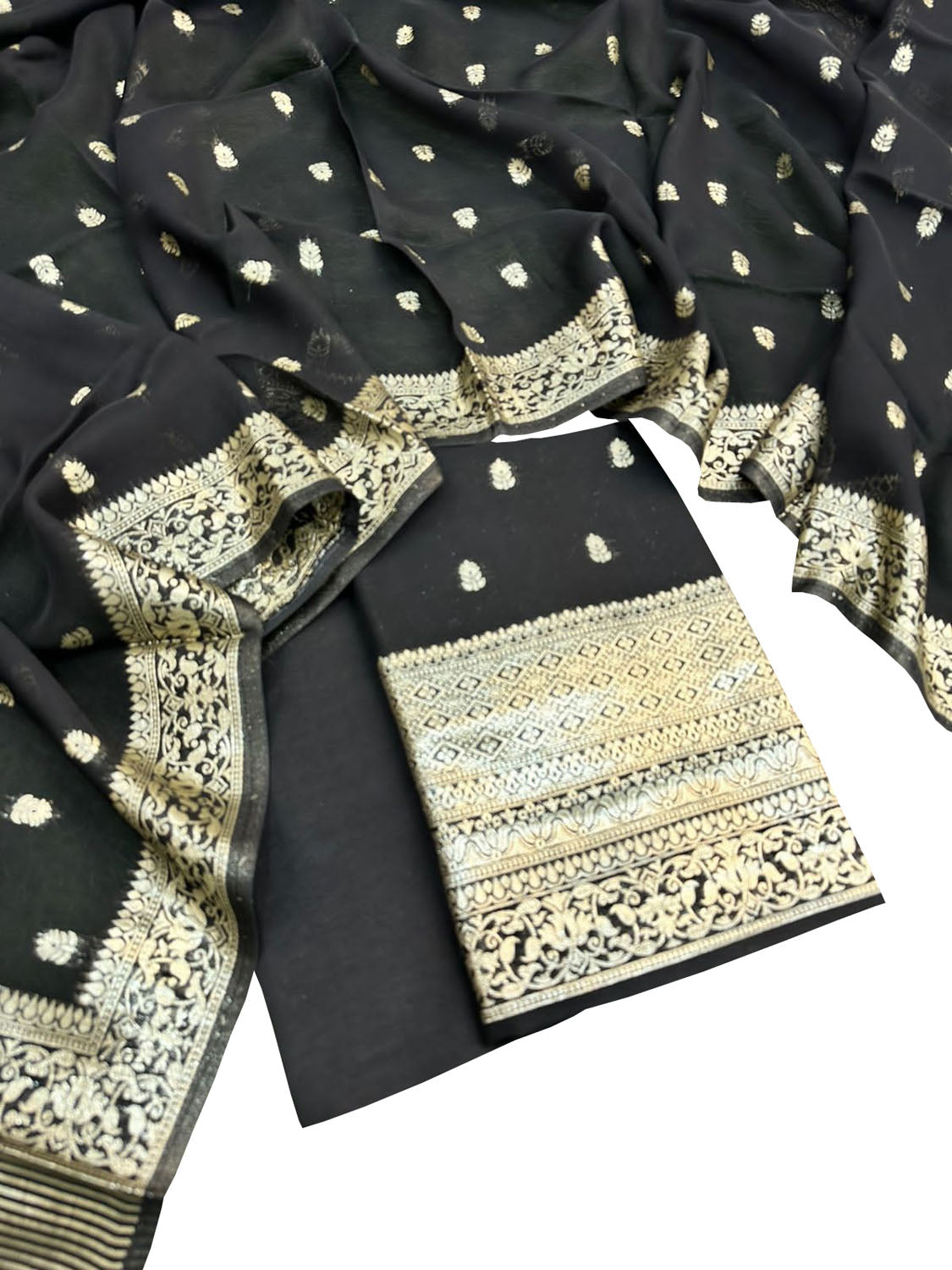 Black Banarasi Georgette Three Piece Unstitched Suit Set - Luxurion World