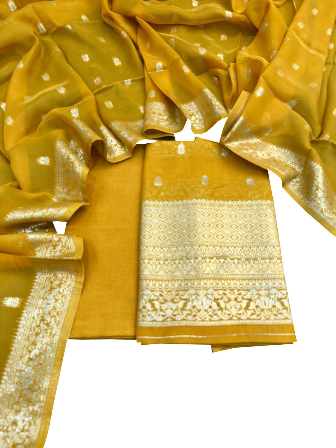 Yellow Banarasi Georgette Three Piece Unstitched Suit Set - Luxurion World
