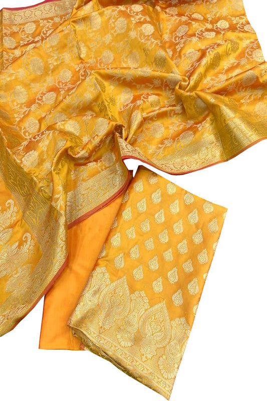Yellow Banarasi Silk 3-Piece Unstitched Suit Set