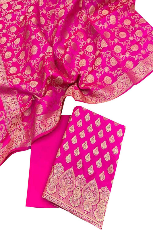Elegant Pink Banarasi Silk Three Piece Unstitched Suit Set - Luxurion World