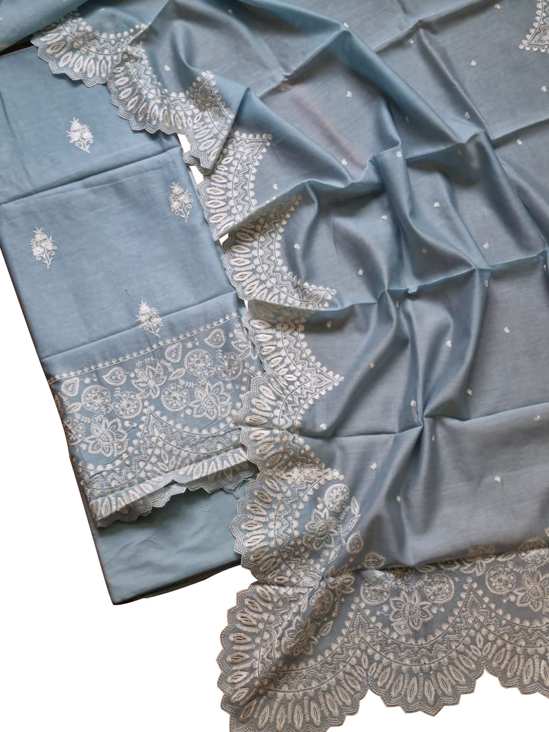Grey Banarasi Embroidered Chanderi Silk Unstitched Suit Set - Luxurion World