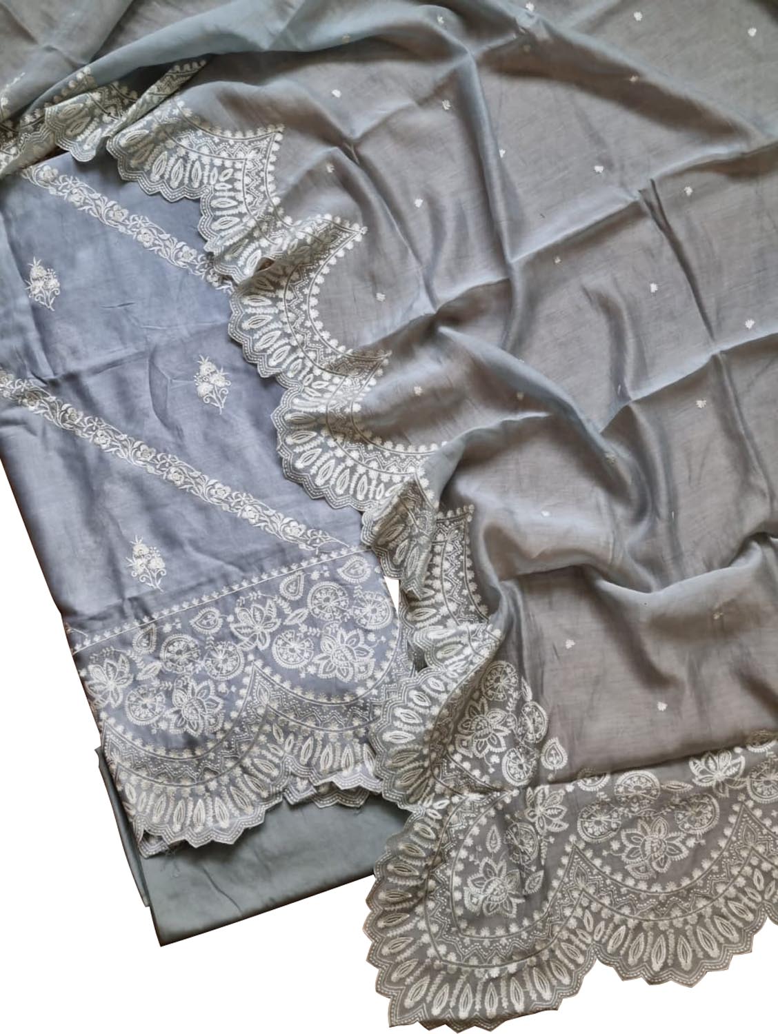 Grey Banarasi Embroidered Chanderi Silk Unstitched Suit Set - Luxurion World