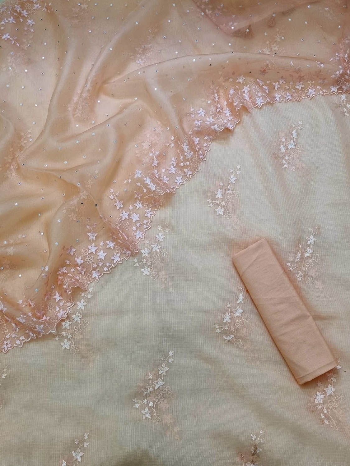 Orange Banarasi Cotton Kota Silk Three Piece Unstitched Suit Set With Embroidered Organza Silk Dupatta - Luxurion World