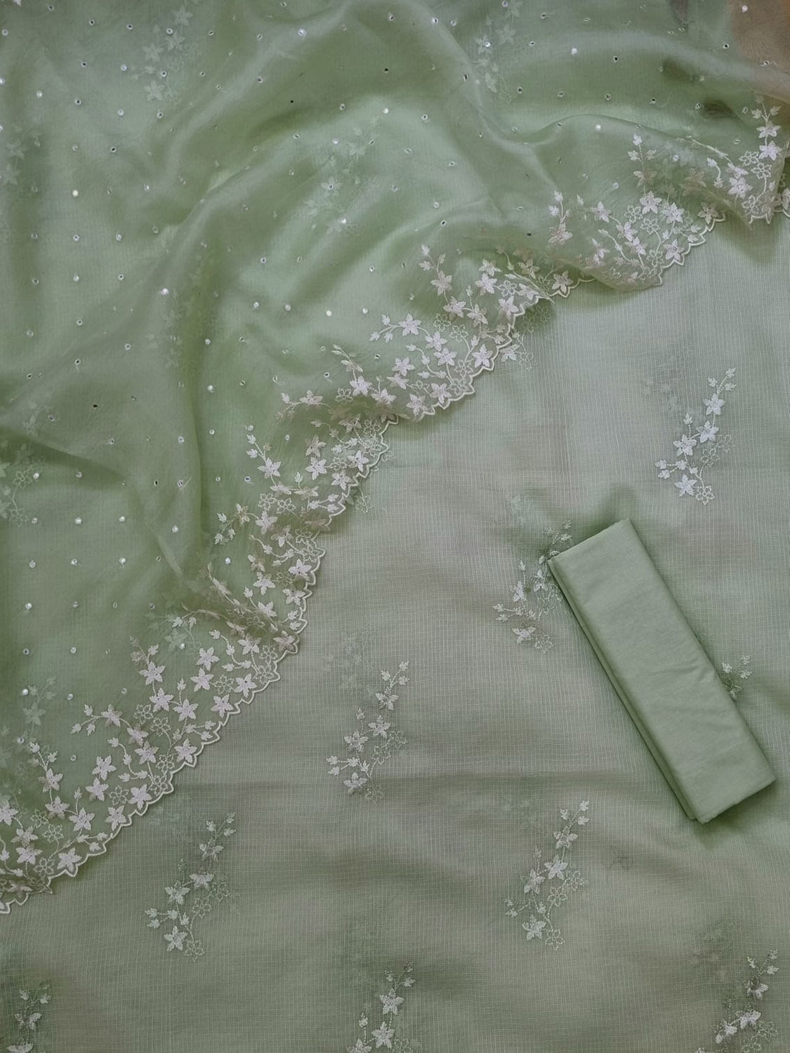 Green Banarasi Cotton Kota Silk Three Piece Unstitched Suit Set With Embroidered Organza Silk Dupatta - Luxurion World