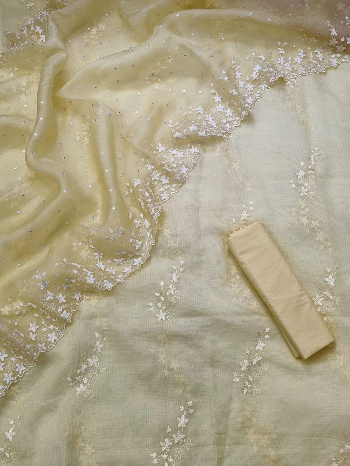 Yellow Banarasi Cotton Kota Silk Three Piece Unstitched Suit Set With Embroidered Organza Silk Dupatta - Luxurion World