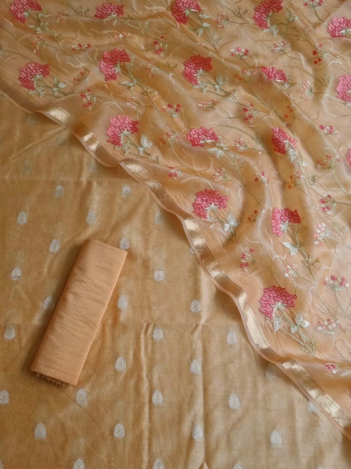 Orange Banarasi Chanderi Silk Three Piece Unstitched Suit Set With Organza Dupatta - Luxurion World