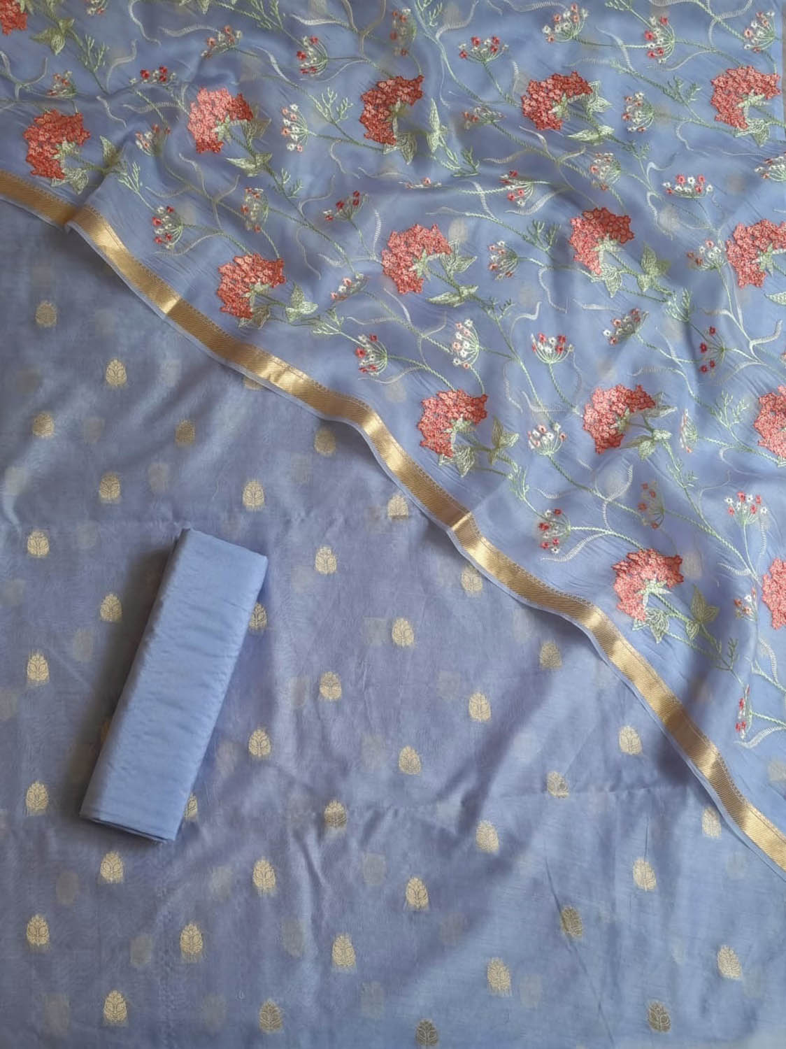 Blue Banarasi Chanderi Silk Three Piece Unstitched Suit Set With Organza Dupatta - Luxurion World