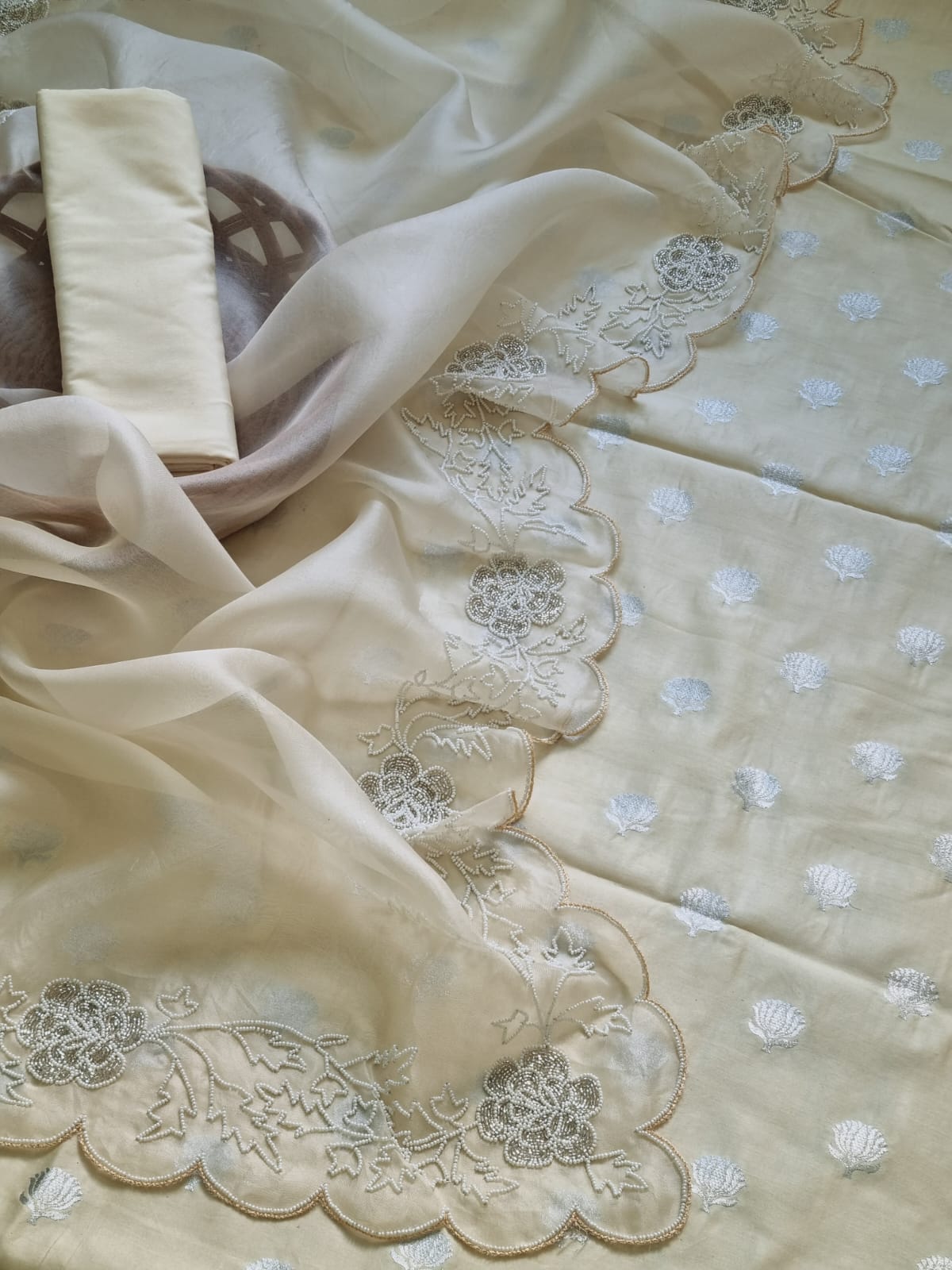 Stunning Pastel Banarasi Chanderi Suit Set with Cutdana Work & Organza Dupatta - Luxurion World