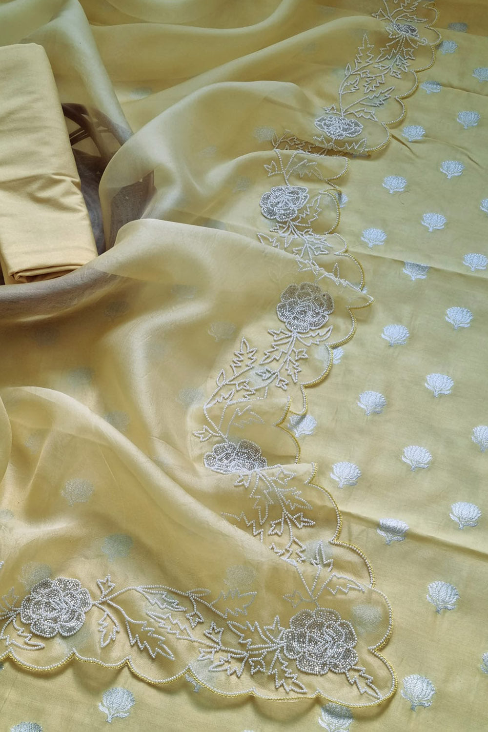 Stunning Yellow Banarasi Chanderi Silk Suit Set with Cutdana Embroidery & Organza Dupatta - Luxurion World