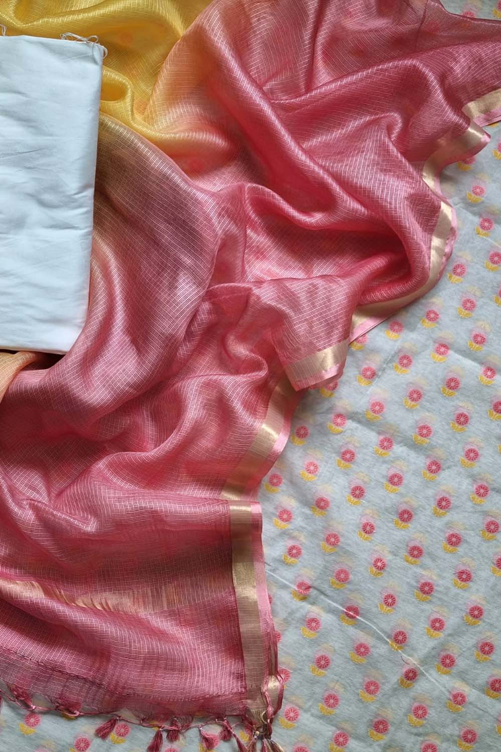 Stunning Off White Banarasi Chanderi Silk Suit Set - Unstitched With Shaded Dupatta - Luxurion World