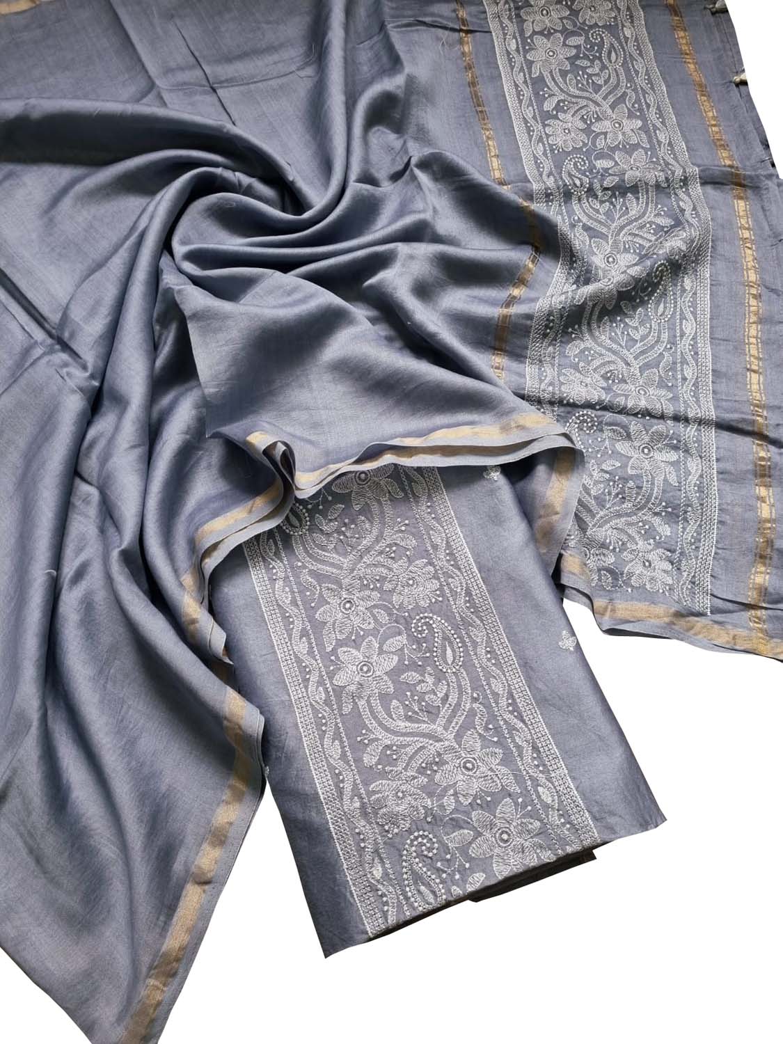 Grey Banarasi Embroidered Chanderi Silk Three Piece Unstitched Suit Set - Luxurion World