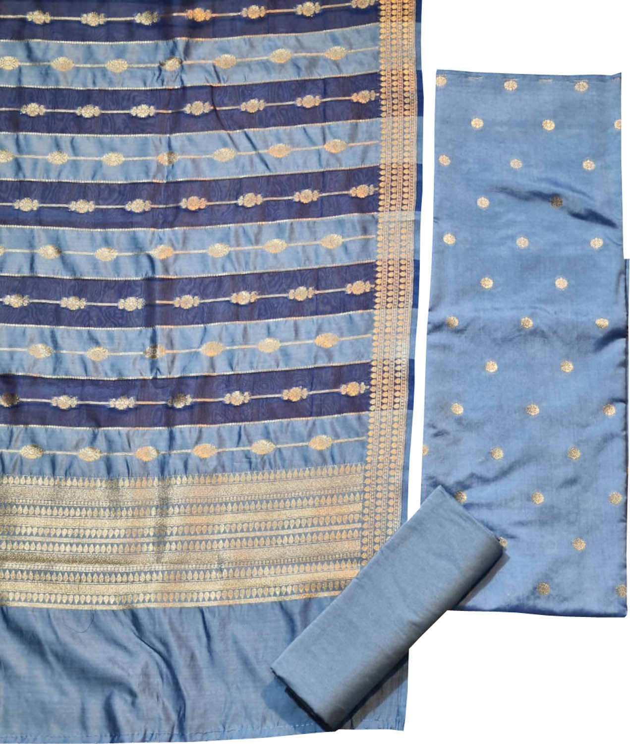 Blue Banarasi Chiniya Silk Three Piece Unstitched Suit Set - Luxurion World