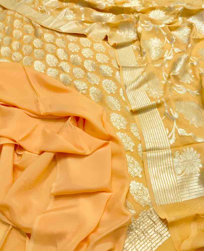 Yellow Handloom Banarasi Pure Georgette Three Piece Unstitched Suit Set - Luxurion World