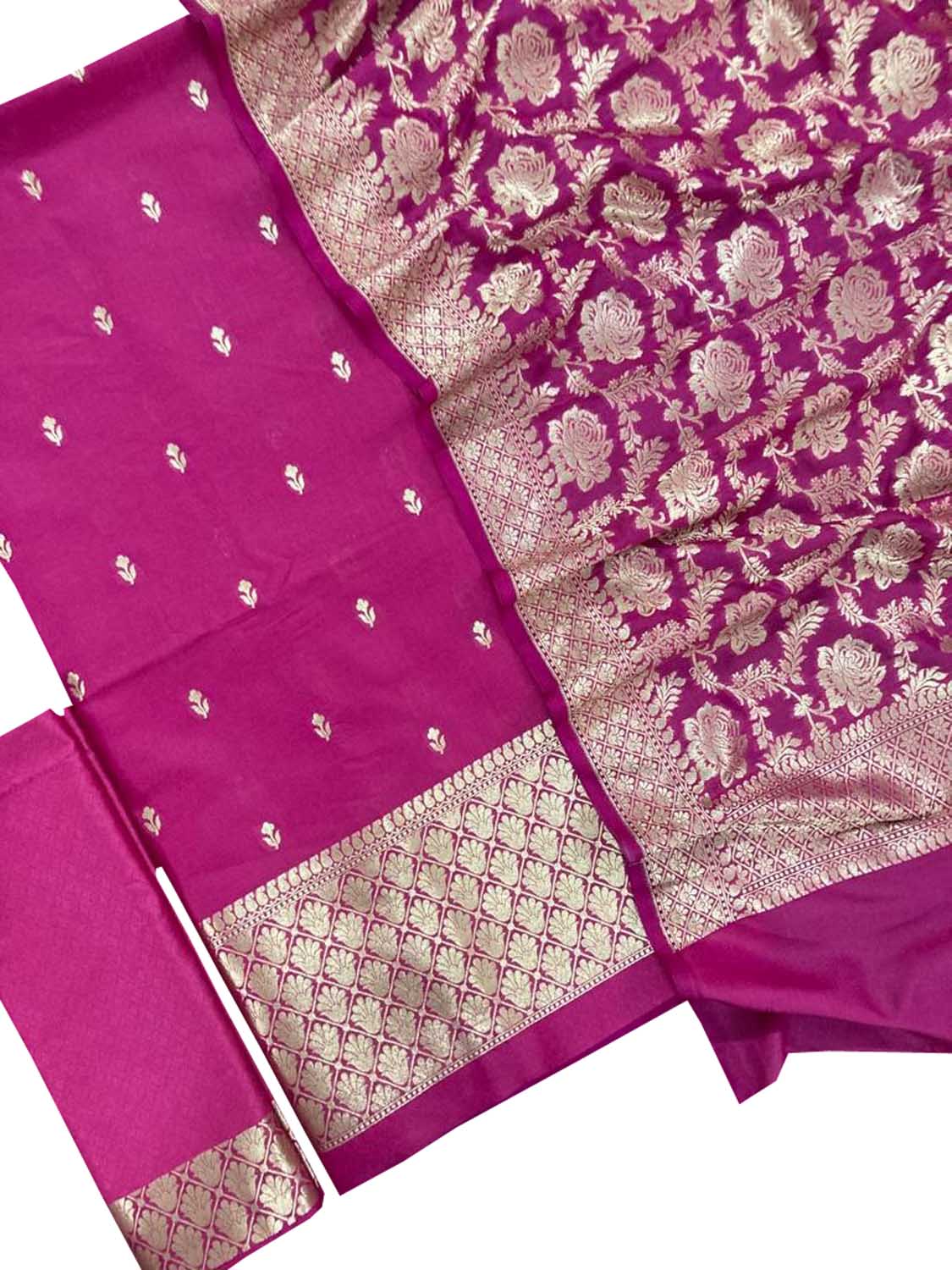 Stunning Pink Banarasi Silk Suit Set - Unstitched Three Piece for Elegant Look - Luxurion World