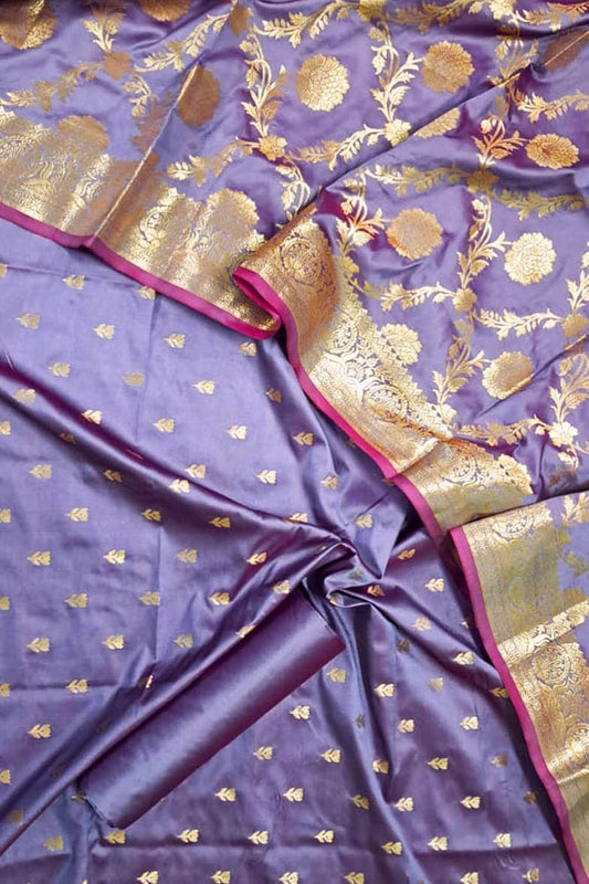 Elegant Purple Banarasi Silk Unstitched Suit Set