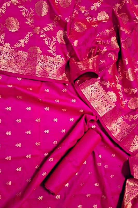 Elegant Pink Banarasi Silk Unstitched Suit Set - Luxurion World