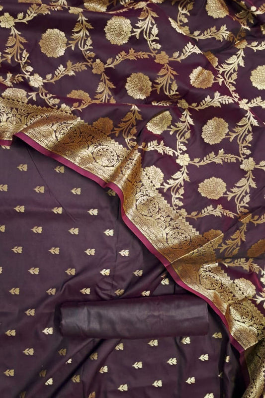Elegant Maroon Banarasi Silk Unstitched Suit Set