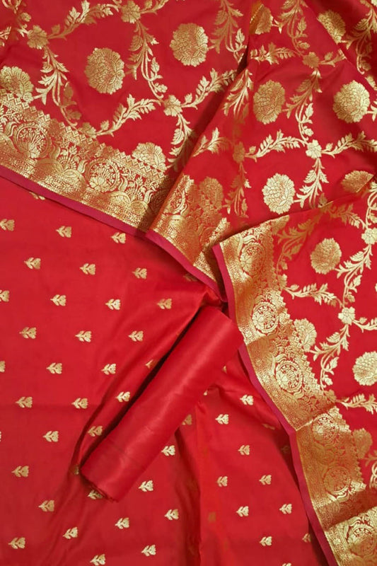 Elegant Red Banarasi Silk Unstitched Suit Set