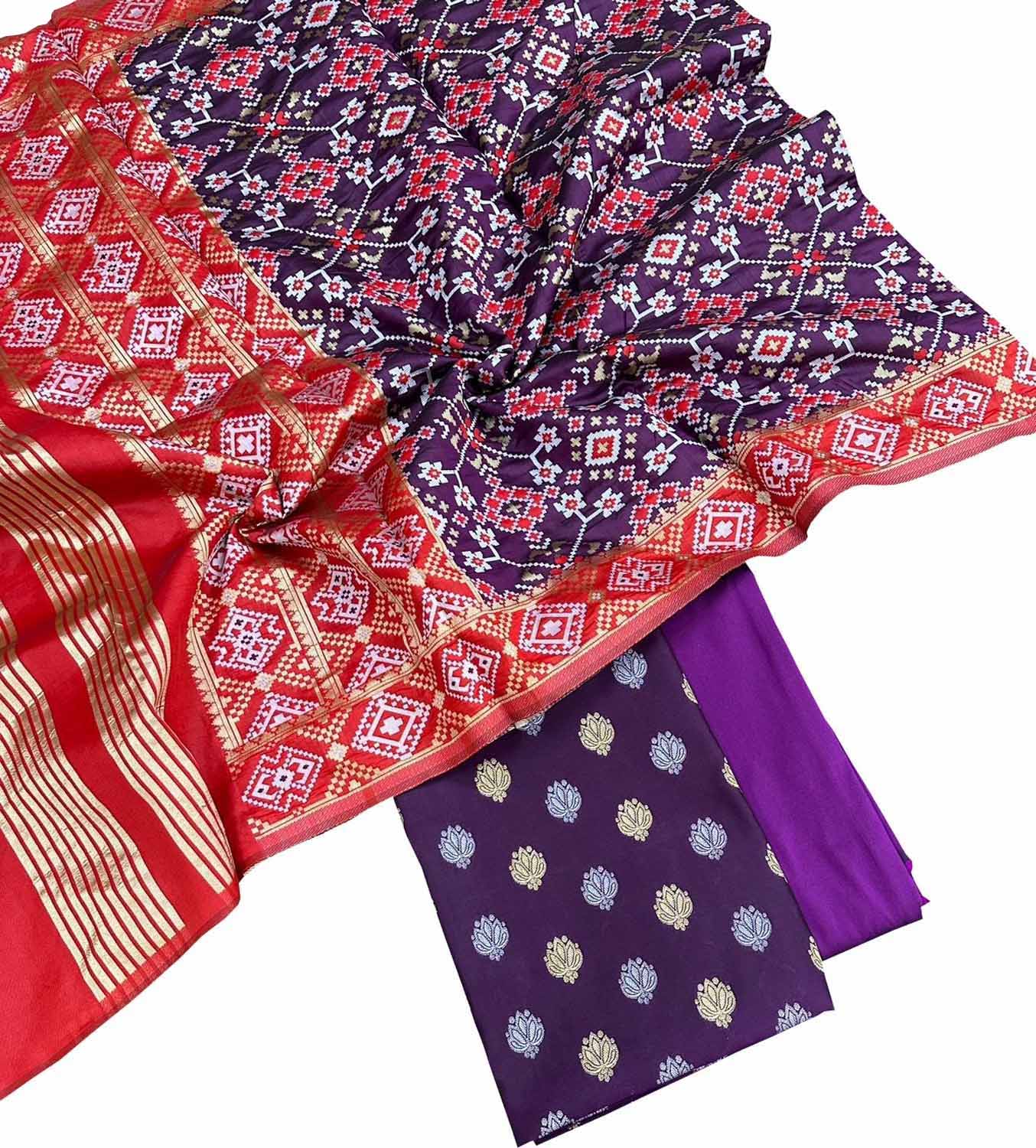 Purple Banarasi Silk Unstitched Three Piece Suit Set With Patola Dupatta - Luxurion World
