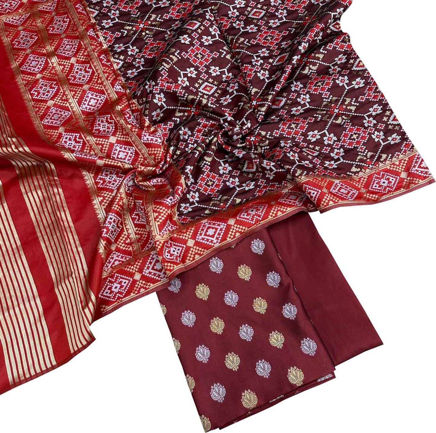 Maroon Banarasi Silk Unstitched Three Piece Suit Set With Patola Dupatta - Luxurion World