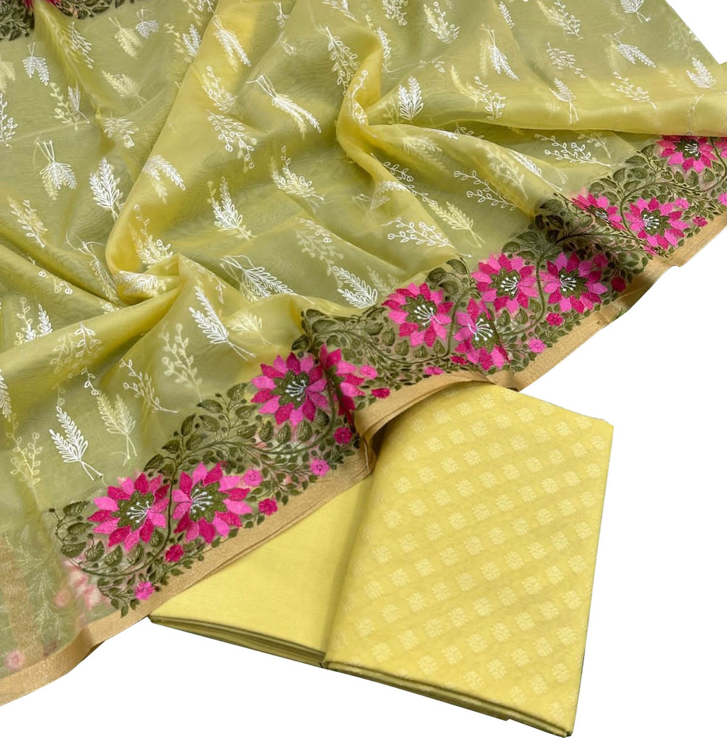 Stunning Yellow Banarasi Cotton Suit Set with Embroidered Organza Dupatta - Luxurion World