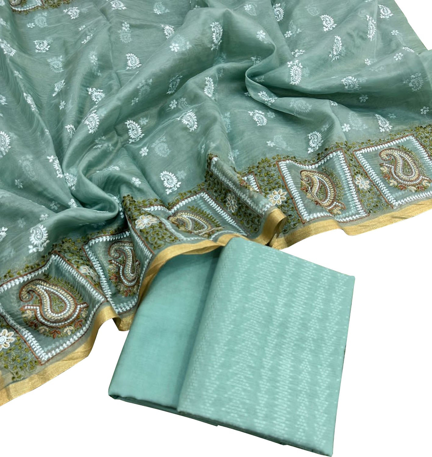 Stylish Green Banarasi Cotton Suit Set with Embroidered Organza Dupatta - Luxurion World
