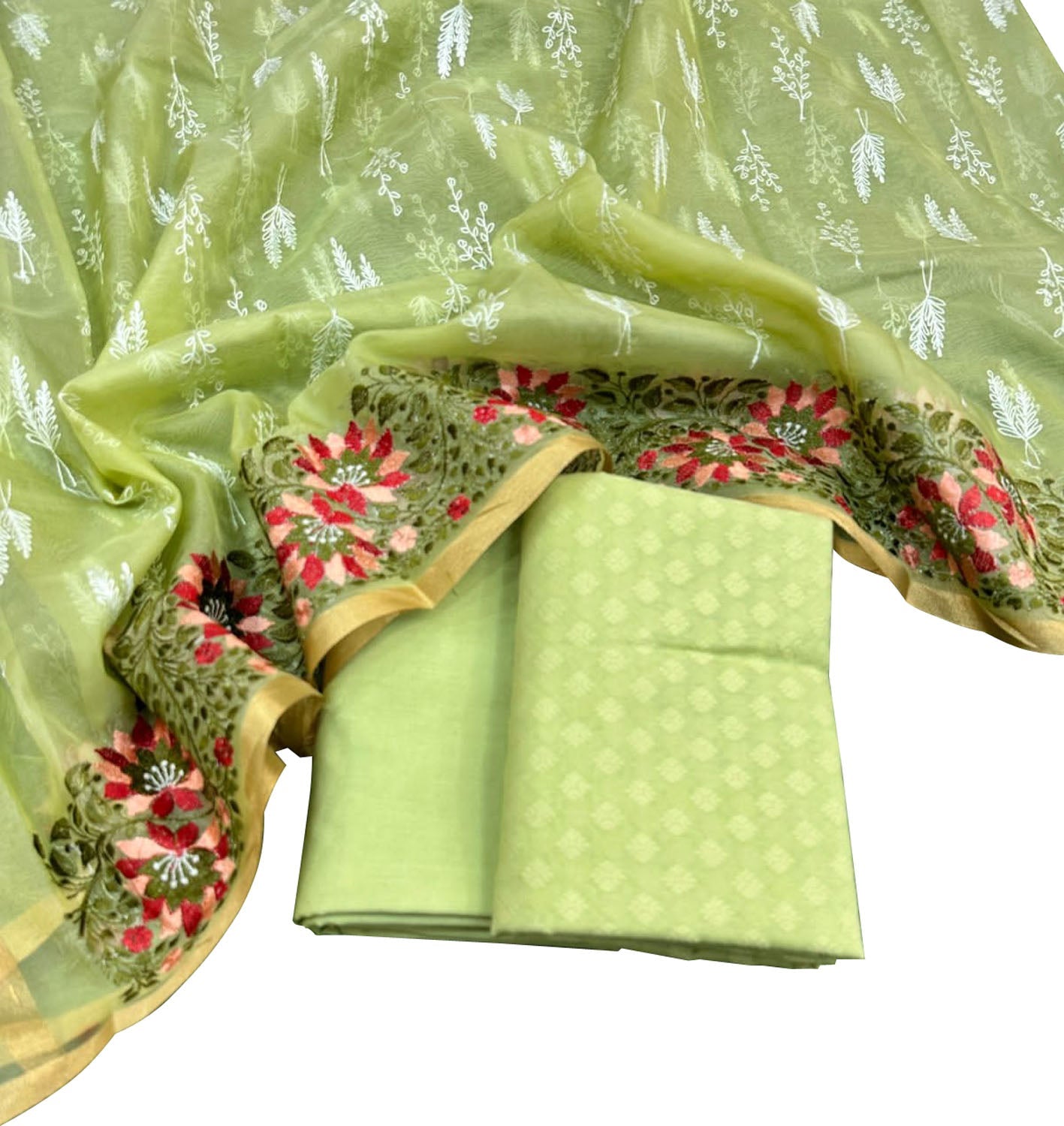 Stylish Green Banarasi Cotton Suit Set with Embroidered Organza Dupatta - Luxurion World