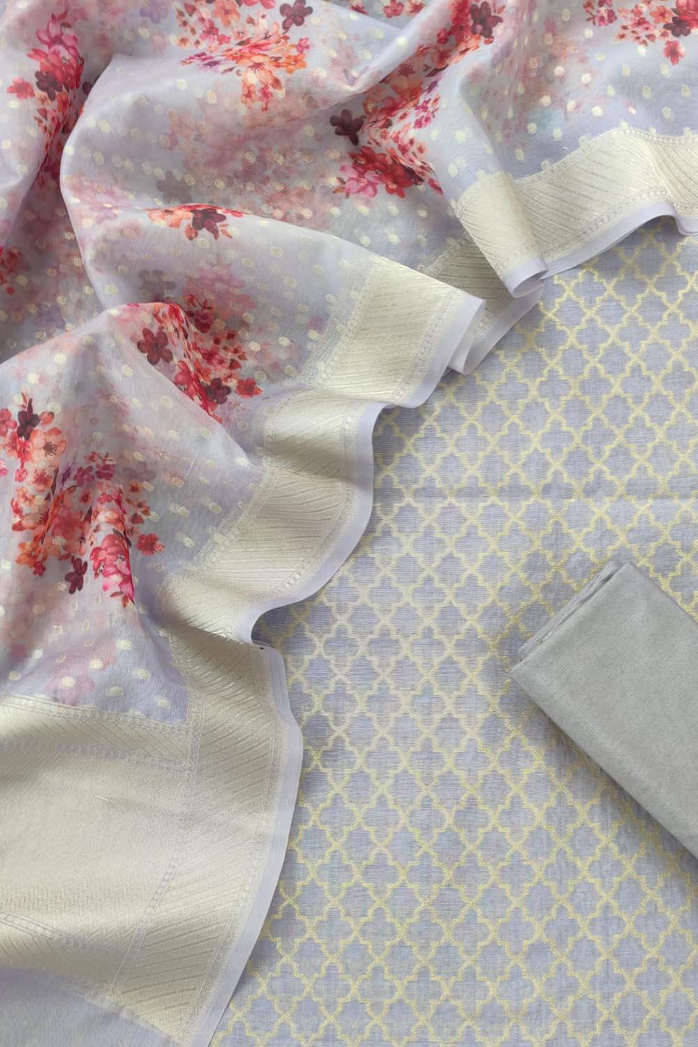 Grey Banarasi Organza Silk Three Piece Unstitched Suit Set - Luxurion World
