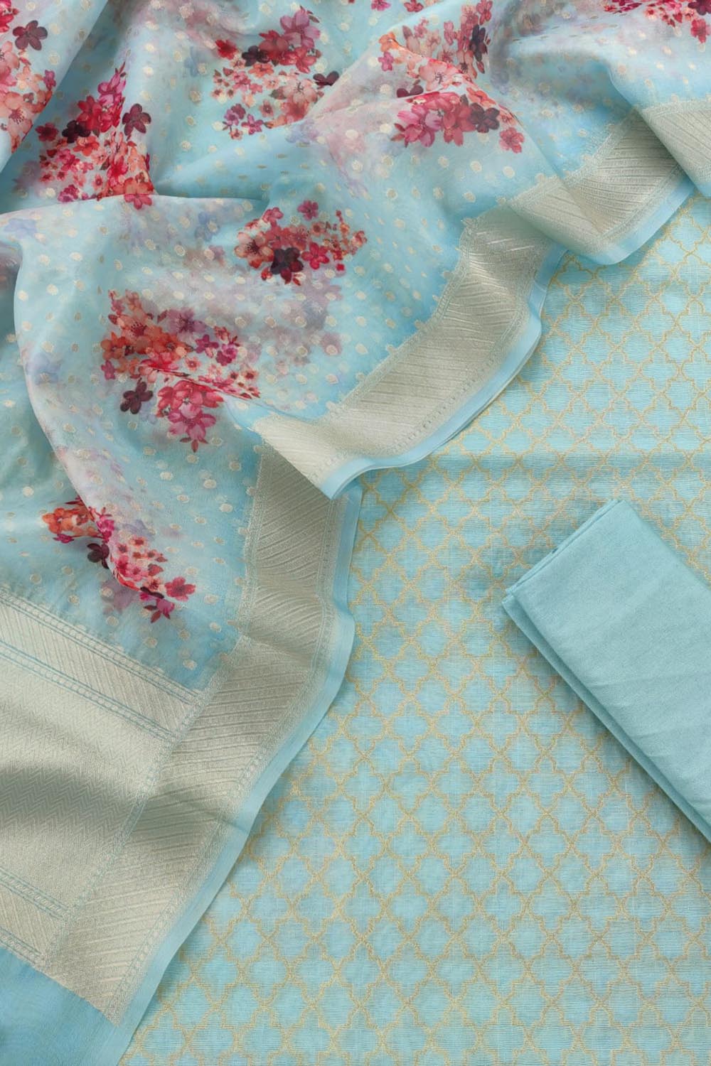 Blue Banarasi Organza Silk Three Piece Unstitched Suit Set - Luxurion World