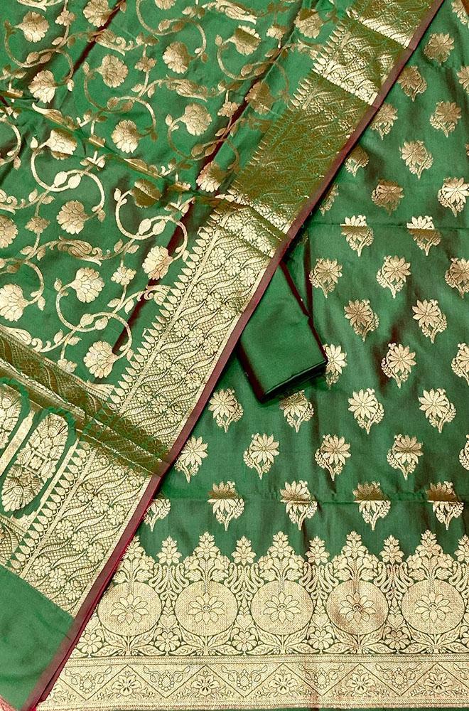 Green Banarasi Silk Three Piece Unstitched Suit Set - Luxurion World