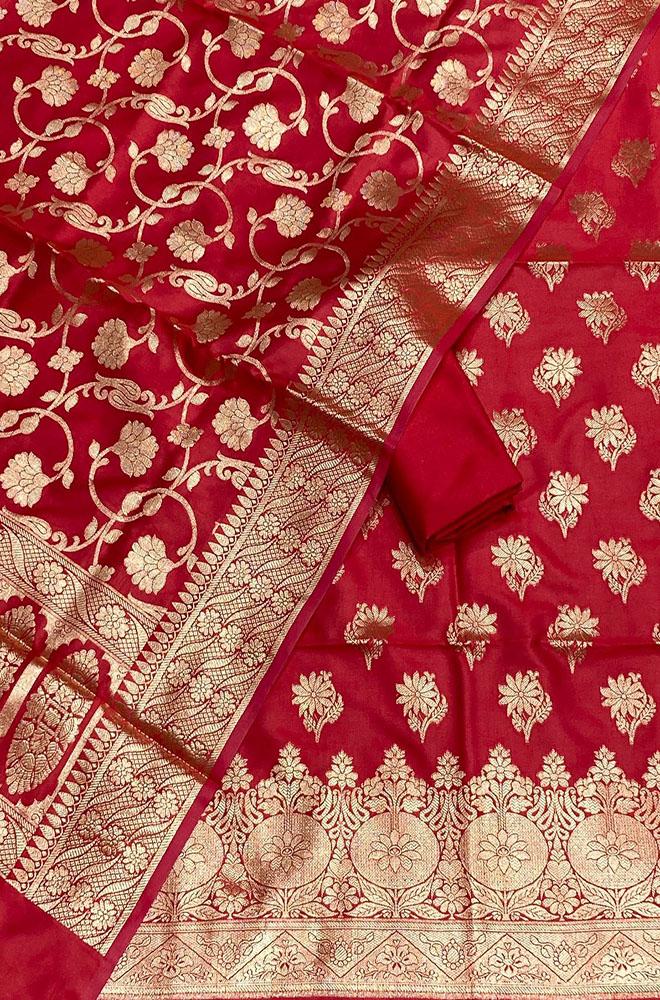 Red Banarasi Silk Three Piece Unstitched Suit Set - Luxurion World
