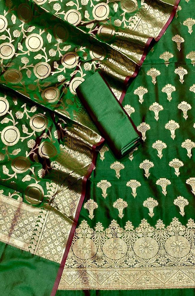 Green Banarasi Silk Three Piece Unstitched Suit Set - Luxurion World