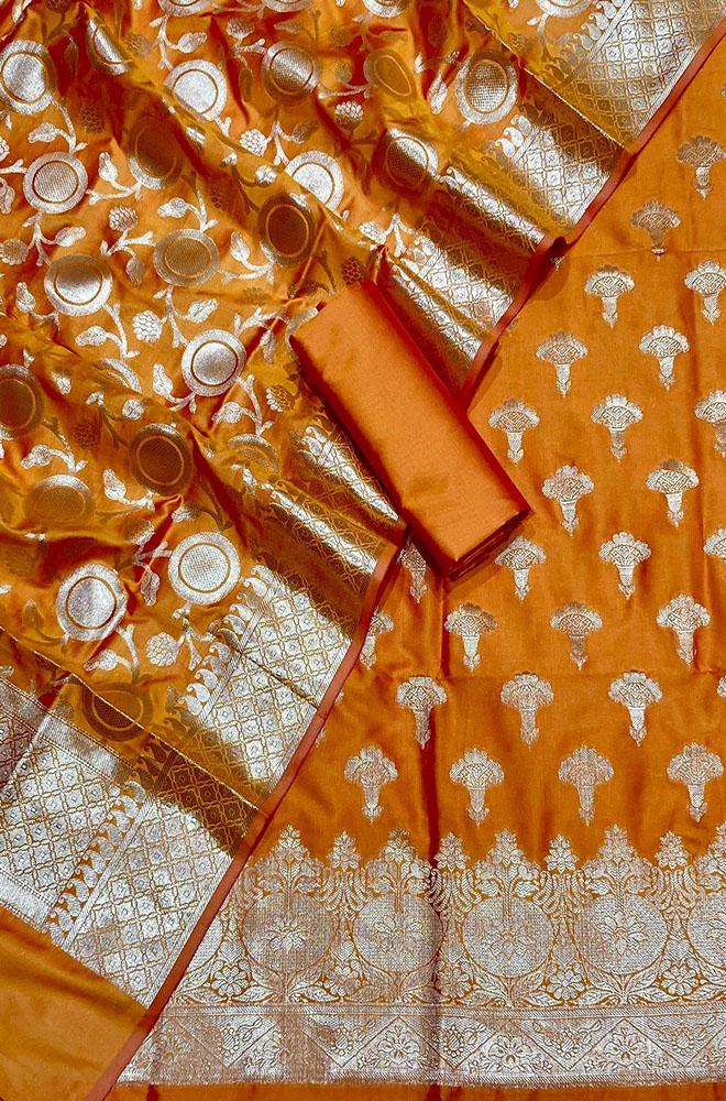 Orange Banarasi Silk Three Piece Unstitched Suit Set - Luxurion World