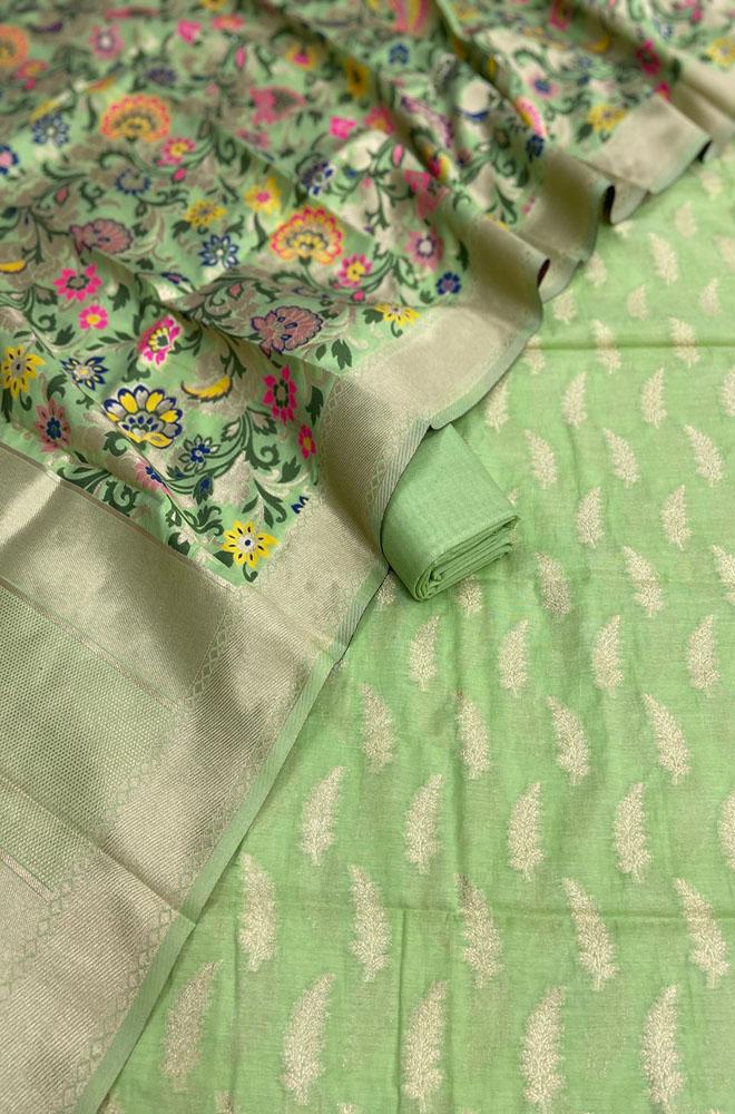 Green Banarasi Chanderi Silk Three Piece Unstitched Suit Set - Luxurion World