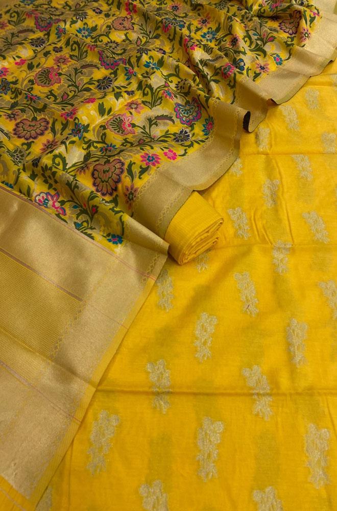 Yellow Banarasi Chanderi Silk Three Piece Unstitched Suit Set - Luxurion World