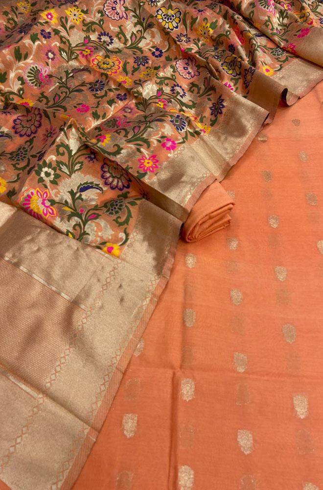 Orange Banarasi Chanderi Silk Three Piece Unstitched Suit Set - Luxurion World